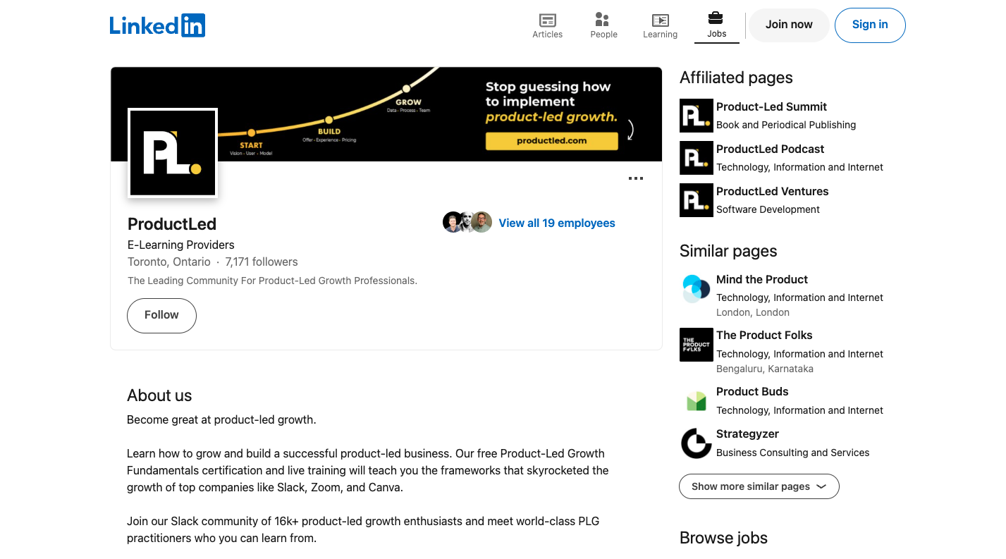 What a freemium LinkedIn user sees when they visit ProductLed's page