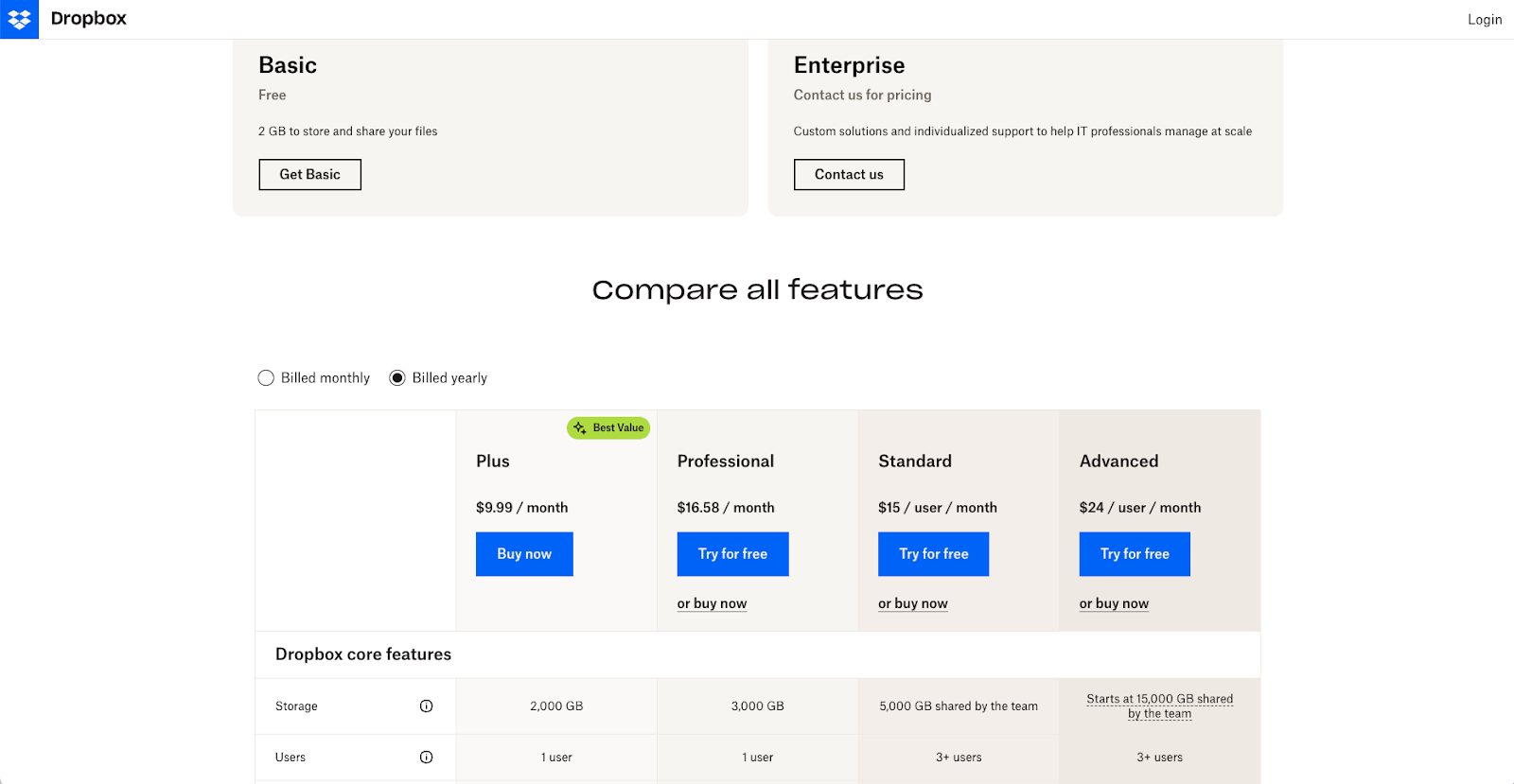 Dropbox freemium and paid plan pricing.