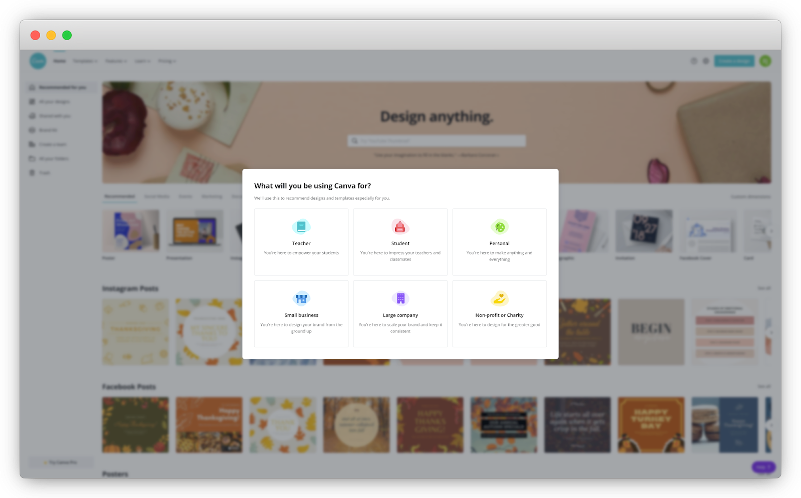 A screenshot of Canva asking users what they will be using Canva for