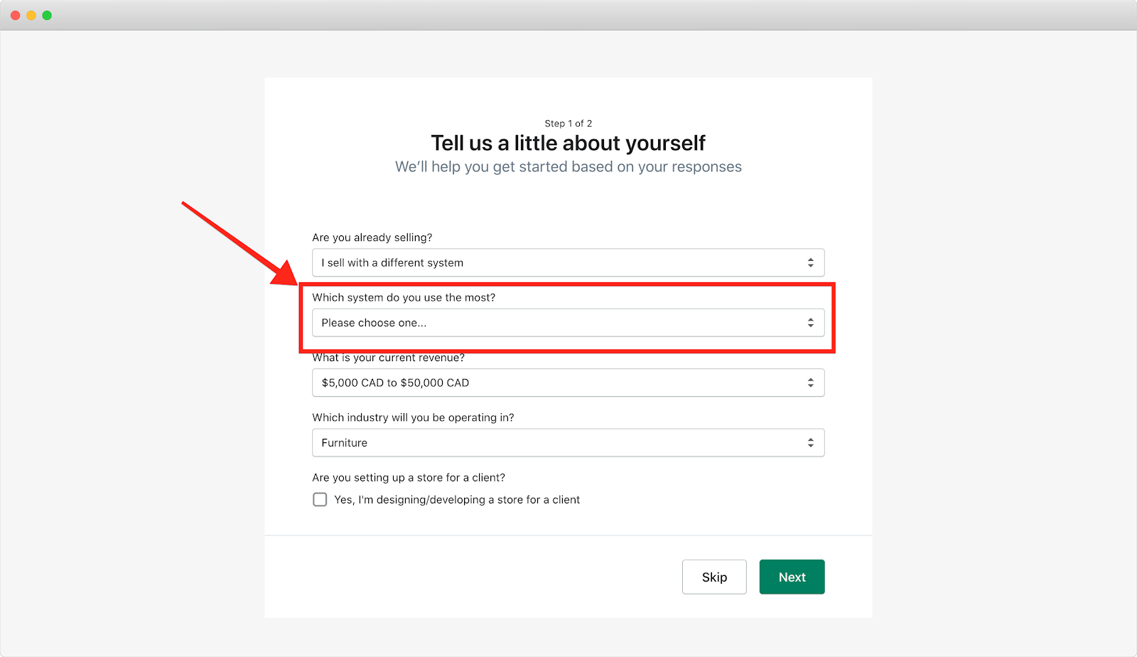 A screenshot highlighting Shopify's sign up process where they ask which system does the user use the most