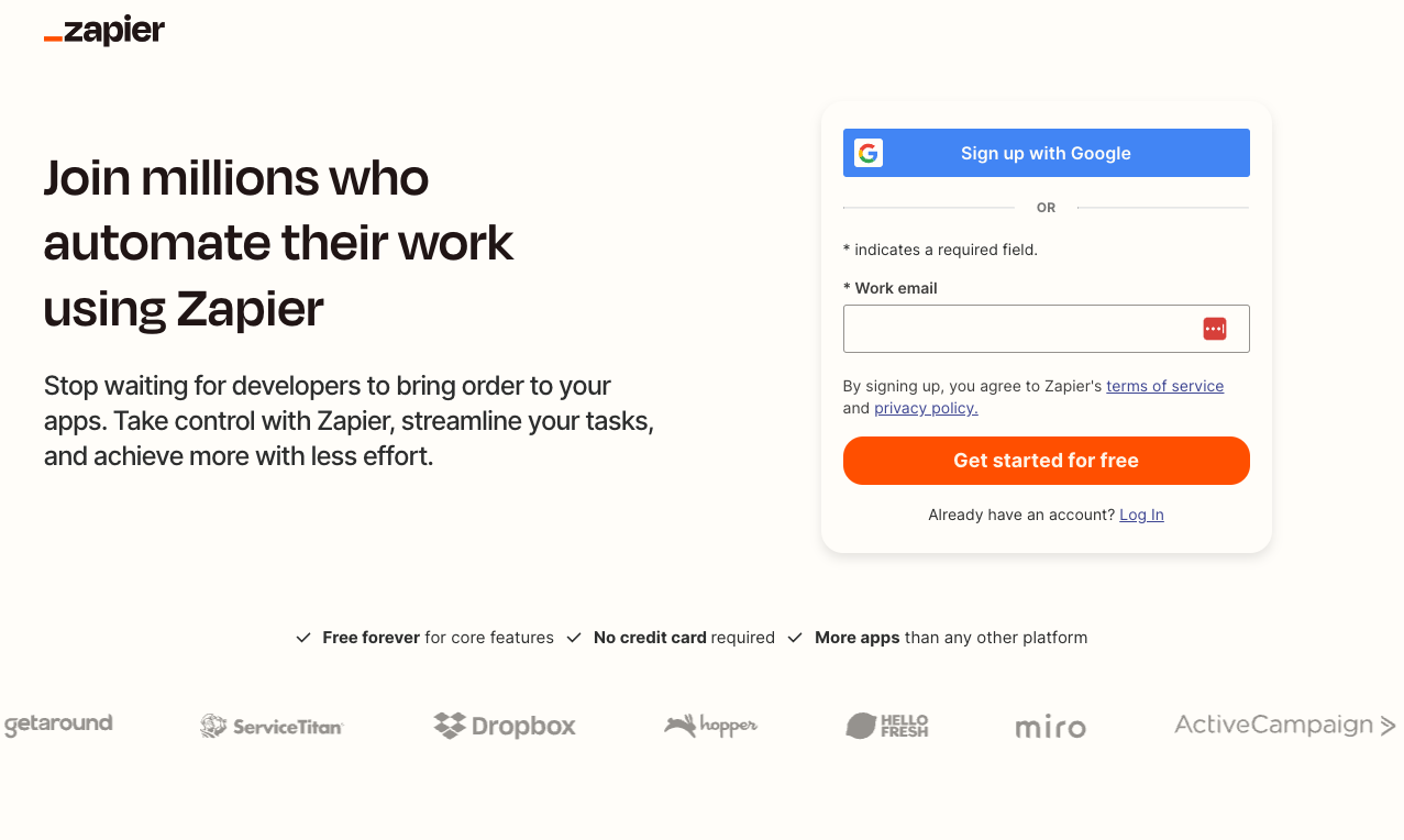 Zapier's simple signup page