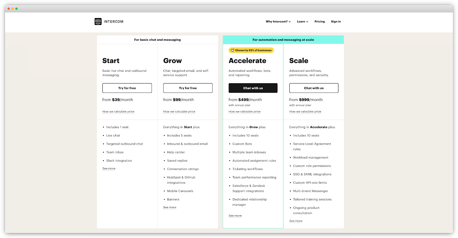 A screenshot of Intercom's subscription pricing page